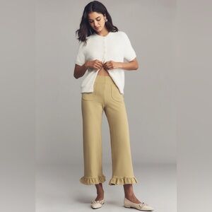 Colette Ruffle-Hem Knit Wide-Leg Pants by Maeve - Anthropologie - Olive Green
